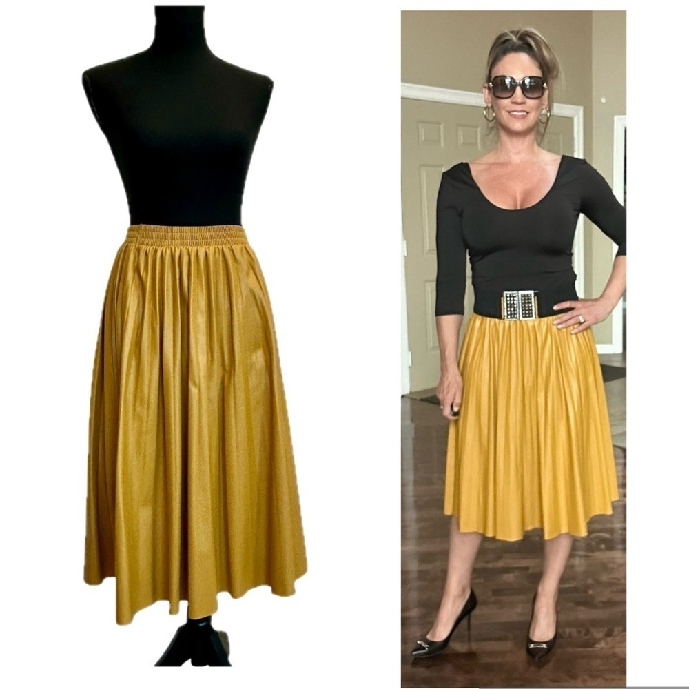 Kate Hewko mustard yellow faux leather A-line pleated midi skirt